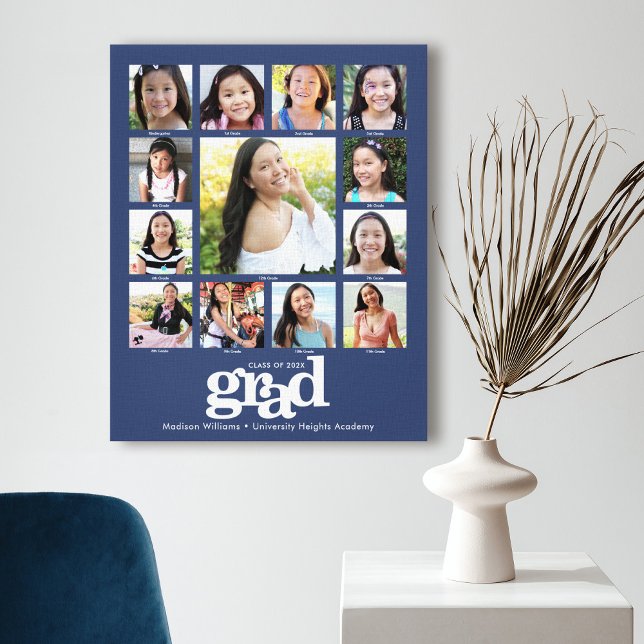 Graduation K–12 Photo Collage Modern Bold Blue Canvas Print (Creator Uploaded)
