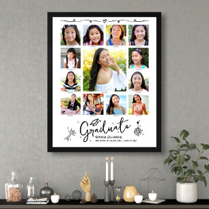 Graduation K–12 Photo Collage White Black Doodles Poster