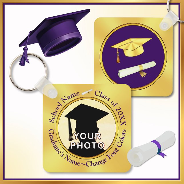 Graduation Keepsakes for Guests, CHANGE COLORS,  Keychain (Gifts for Guests at Graduation Party. Personalised Graduation Keyrings. Purple Gold, Grad Keychains.)