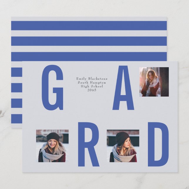 Graduation Launch 3 Photo Collage Blue Invitation (Front/Back)