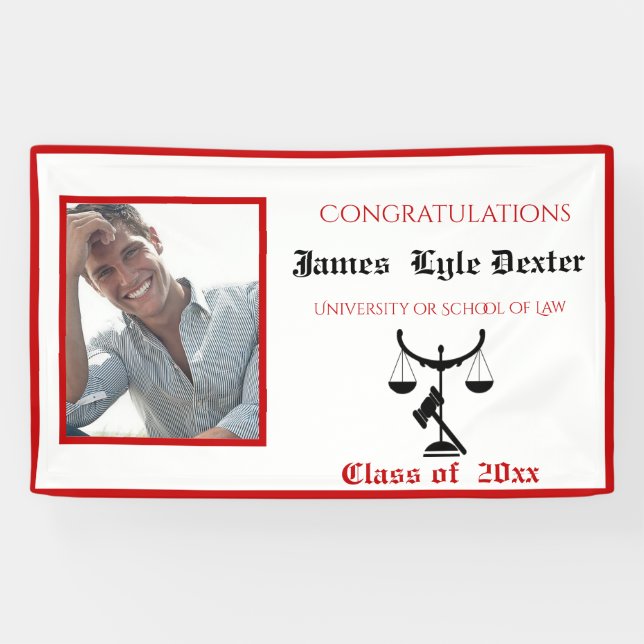 Graduation Law School Red & White Scales of Justic Banner (Horizontal)