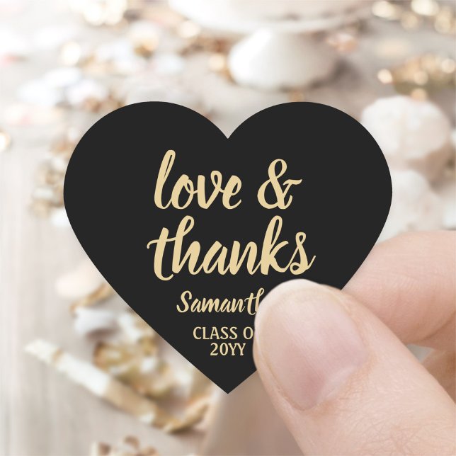 Graduation Love & Thanks Black & Gold Chic Elegant Heart Sticker (Creator Uploaded)