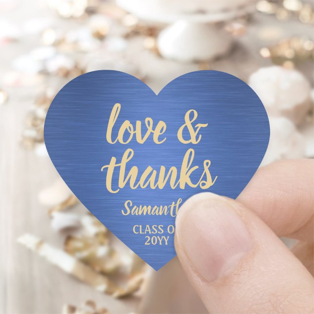 Graduation Love & Thanks Brushed Blue & Gold Heart Sticker (Creator Uploaded)