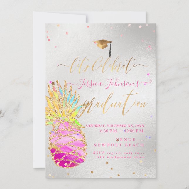 Graduation Luau, Glittering Pineapple, Pink Invitation (Front)