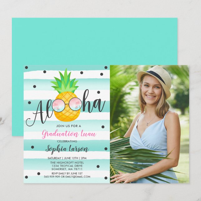 Graduation Luau Party Invitation Pineapple Grad (Front/Back)