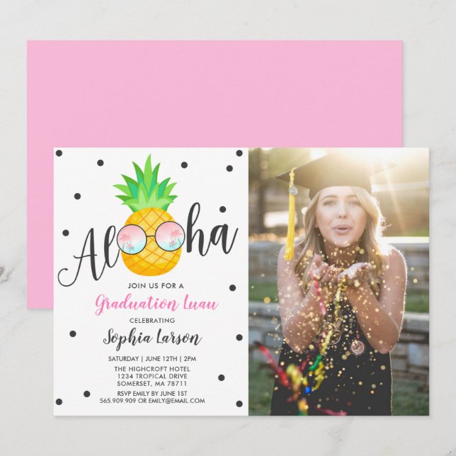 Graduation Luau Party Invitation Pineapple Grad (Front/Back)