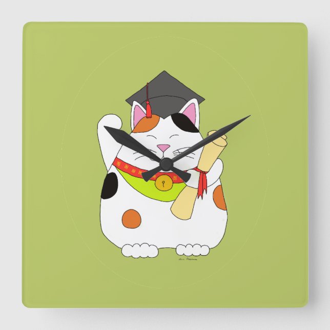 Graduation Maneki Neko Square Wall Clock (Front)