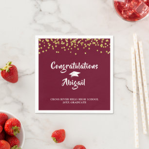 Graduation Maroon Gold Confetti Brush Script Napkin