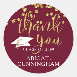 Graduation Maroon & Gold Confetti Script THANK YOU Classic Round Sticker