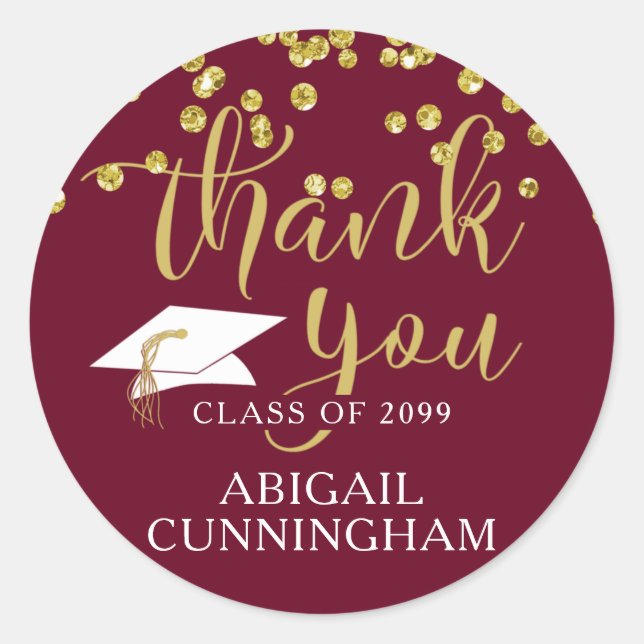Graduation Maroon & Gold Confetti Script THANK YOU Classic Round Sticker (Front)
