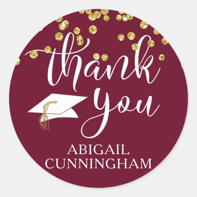 Graduation Maroon Gold Confetti Script THANK YOU Classic Round Sticker (Front)