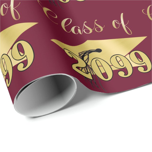 Graduation Maroon Metallic Gold Class Year Wrapping Paper (Roll Corner)