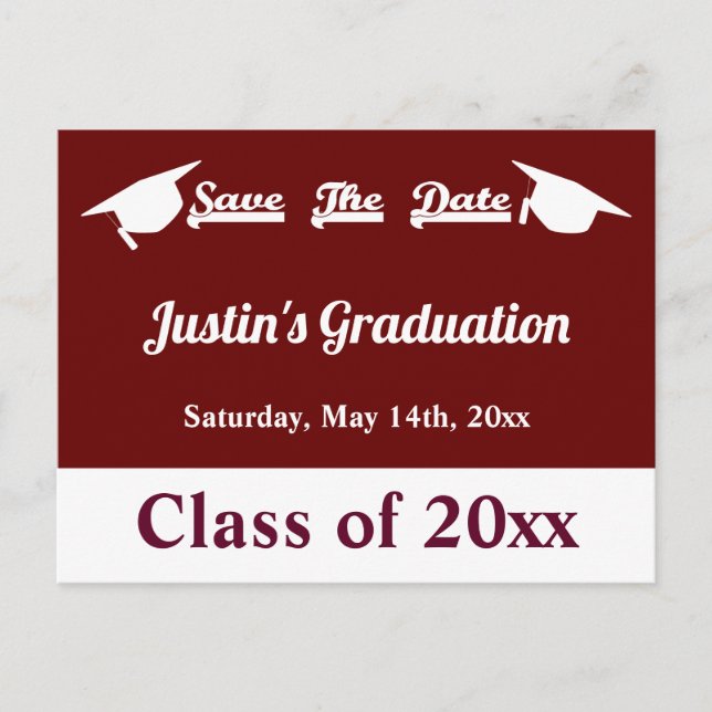 Graduation Maroon Save The Date Card (Front)