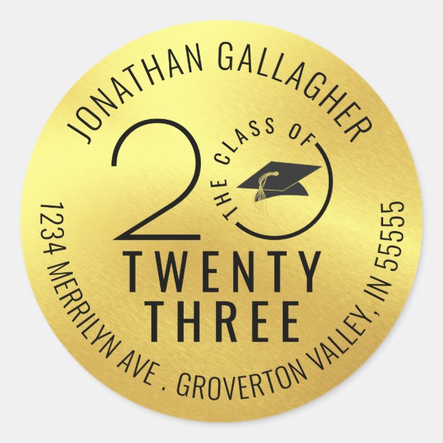 Graduation Metallic Gold Black Return Address Classic Round Sticker (Front)
