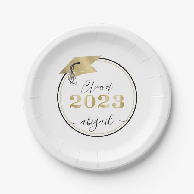 Graduation Metallic Gold Cap Script Class of 2022 Paper Plate (Front)
