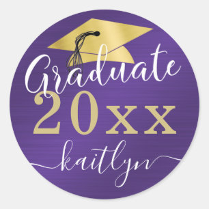 Graduation Metallic Shimmer Script Purple Gold Cla Classic Round Sticker