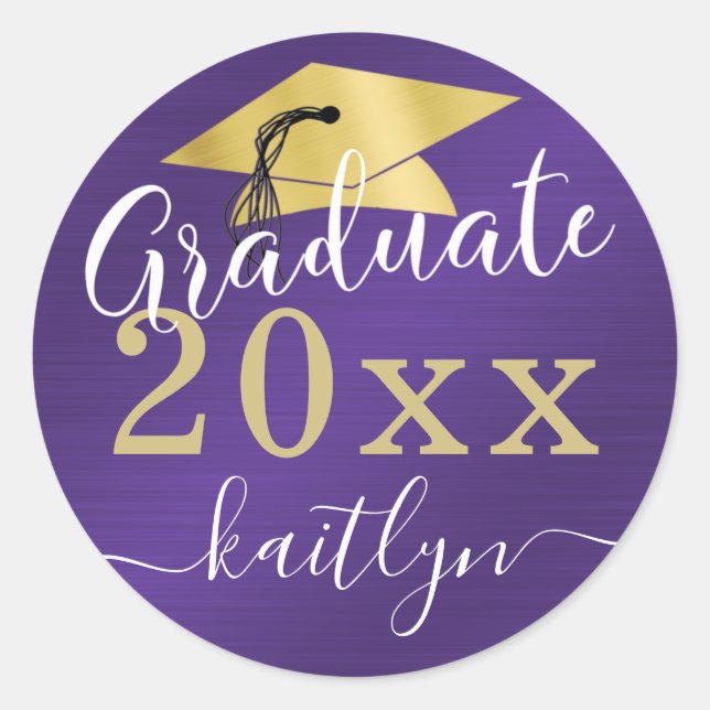 Graduation Metallic Shimmer Script Purple Gold Cla Classic Round Sticker (Front)