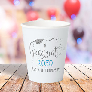 Graduation Minimalist Modern Mortarboard Lite Blue Paper Cups