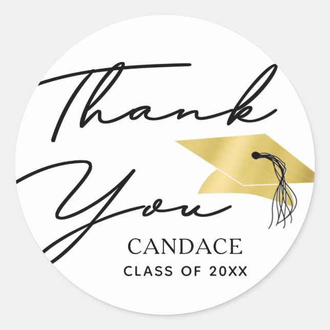 Graduation Minimalist Script Gold Cap THANK YOU Classic Round Sticker (Front)