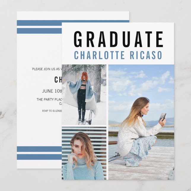 Graduation Modern 3 Photo Collage Personalized Invitation (Front/Back)