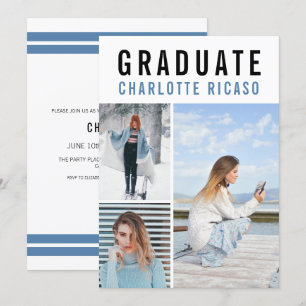 Graduation Modern 3 Photo Collage Personalized Invitation