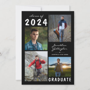 Graduation Modern 5 Photo Script Black White Announcement