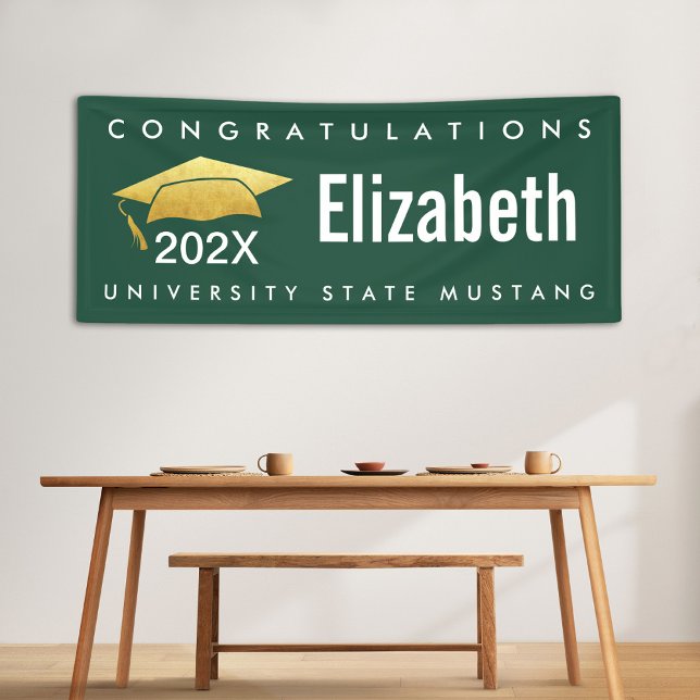 Graduation Modern Bold Simple Gold Cap on Green Banner (Creator Uploaded)