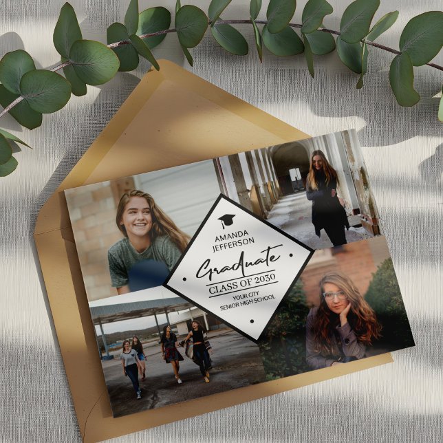 Graduation modern elegant script 4 photo collage a announcement (Creator Uploaded)
