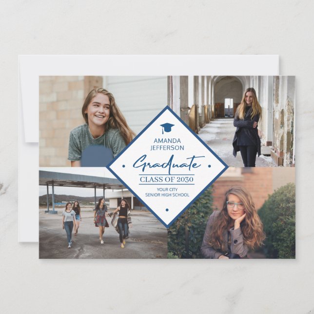 Graduation modern elegant script 4 photo collage announcement (Front)