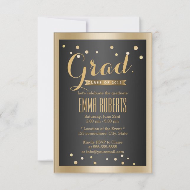 Graduation Modern Gold Border Confetti Dots Invitation (Front)
