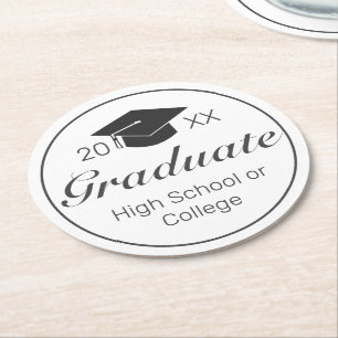 Graduation Modern Minimalist White Black Round Paper Coaster