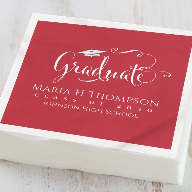 Graduation Modern Mortarboard Script Cardinal Red Napkin (Creator Uploaded)