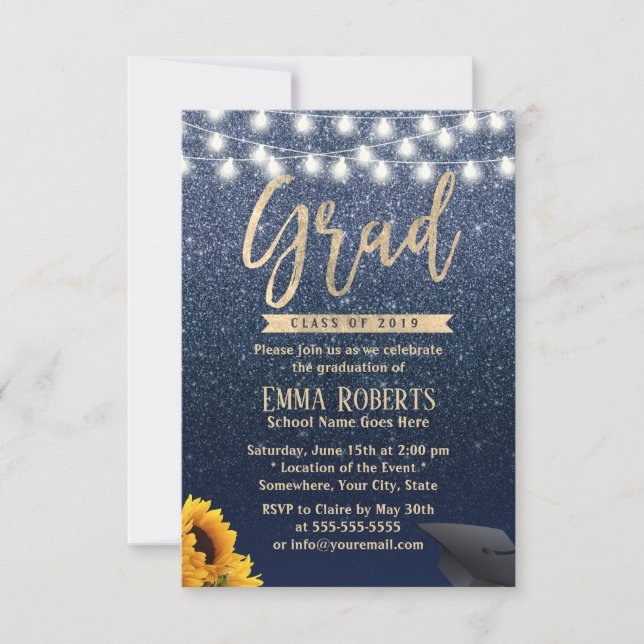 Graduation Modern Navy Blue Glitter Sunflower Invitation (Front)