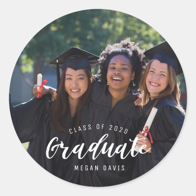 Graduation Modern Photo Name Classic Round Sticker (Front)