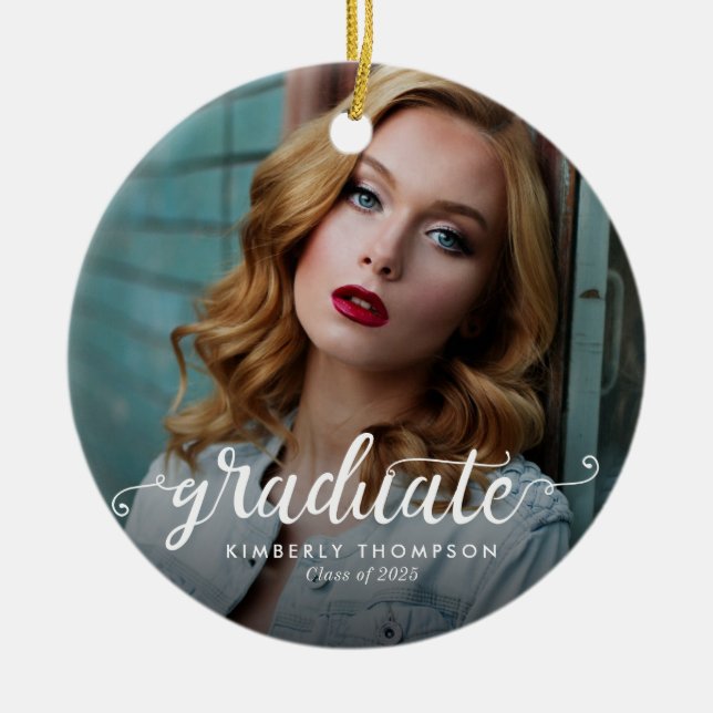Graduation Modern Photo Script Announcement Ceramic Ornament (Front)