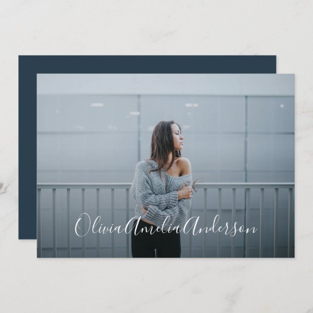 Graduation modern photo script typography blue invitation (Front/Back)