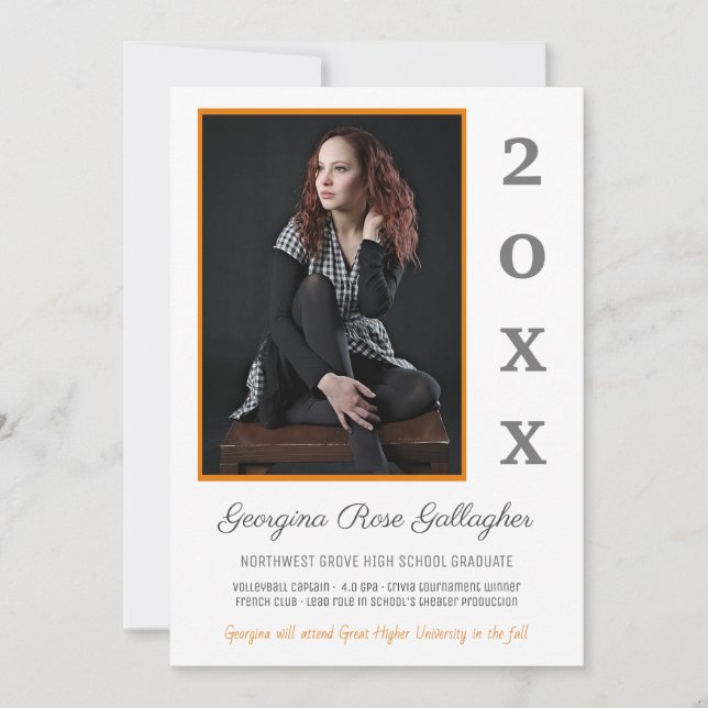 Graduation Modern Photo Simple Grad Year Orange Announcement (Front)