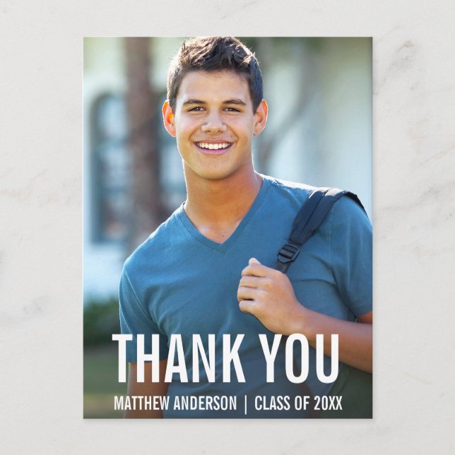 Graduation Modern Photo Thank You Postcard BWB (Front)