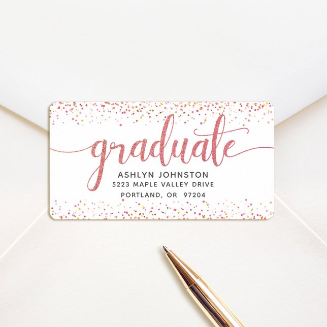 Graduation modern rose gold script custom address label (Creator Uploaded)