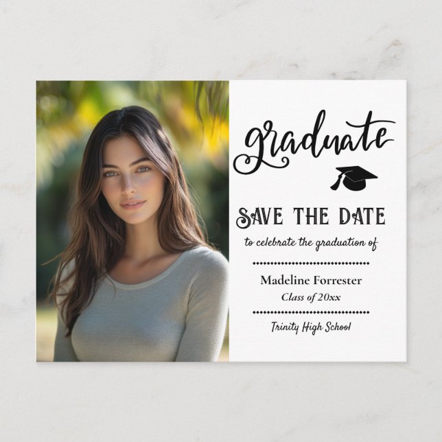 Graduation Modern Script Save The Date Grad Photo Announcement Postcard (Front)