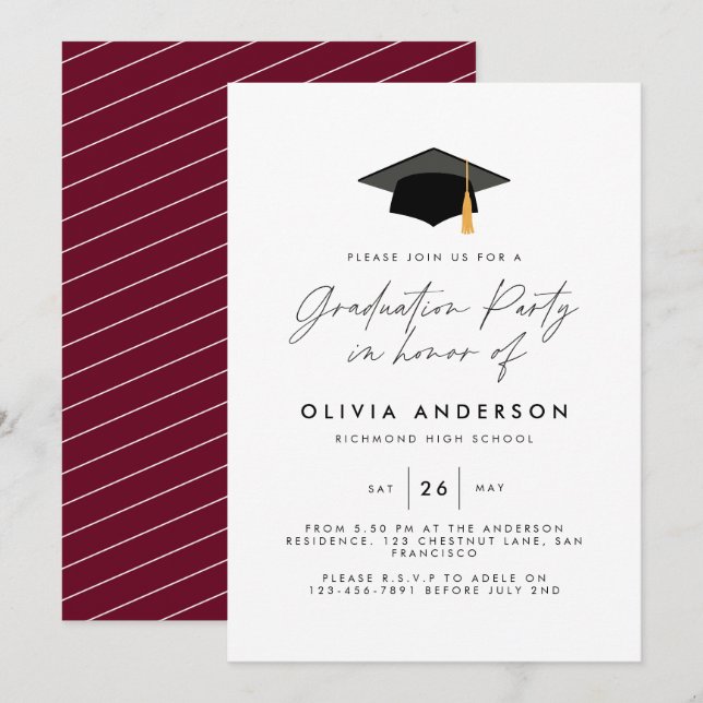 graduation modern simple elegant burgundy party invitation (Front/Back)