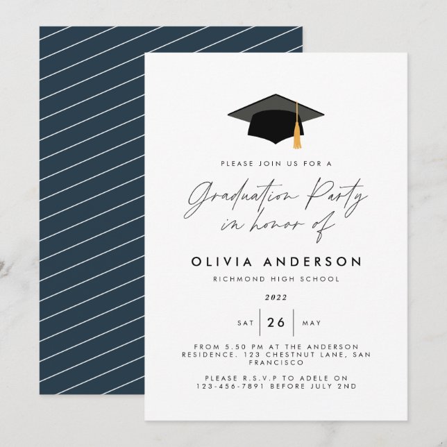 Graduation modern simple elegant navy blue party invitation (Front/Back)