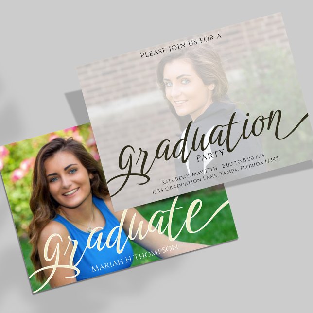 Graduation Modern Simple Photo Template Script (Stylish graduation photo invitation with minimal script text.)