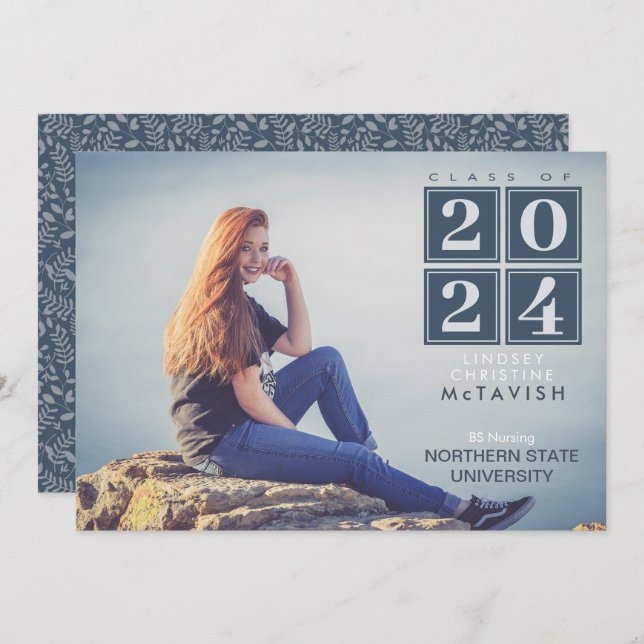 Graduation | Modern Squares Navy Blue Photo Invitation (Front/Back)