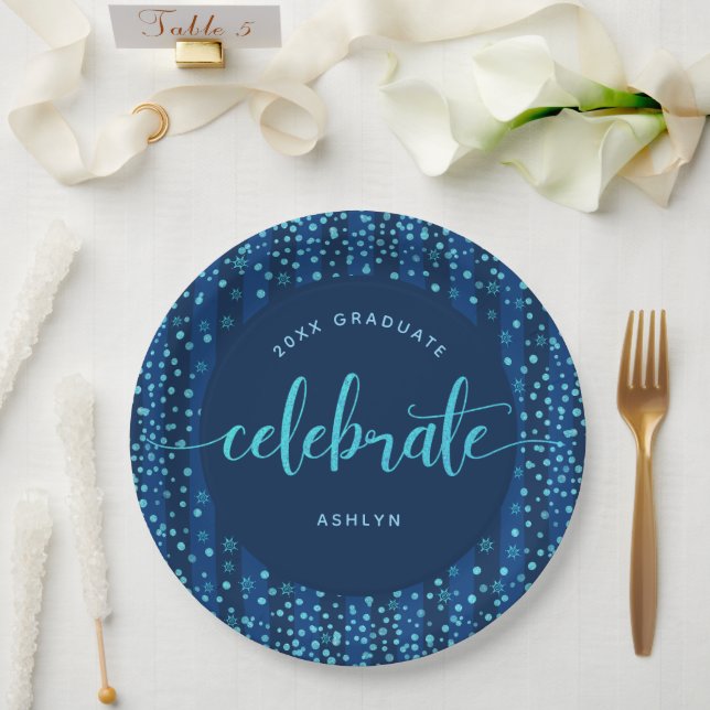 Graduation modern turquoise script & glitter dots paper plate (Wedding)