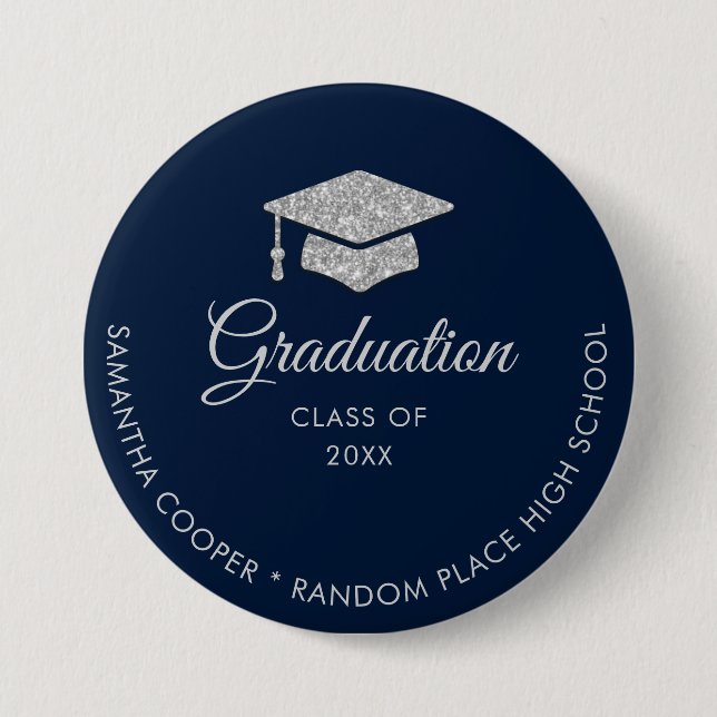 Graduation Modern Typography Navy Blue Script 3 Inch Round Button (Front)