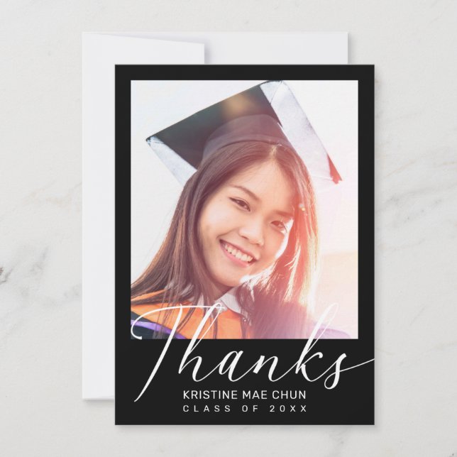 Graduation Modern White Script Photo Black Thank You Card (Front)