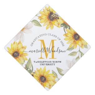 Graduation Monogram Class Of 2022 Sunflower Floral Cap Topper