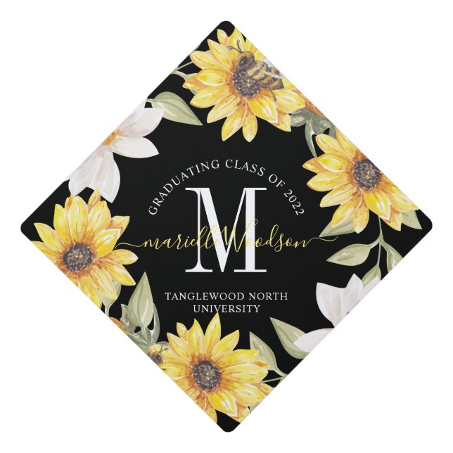 Graduation Monogram Class Of 2022 Sunflowers Black Cap Topper (Front)