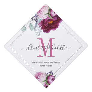 Graduation Monogram Floral Script Name Graduation Cap Topper